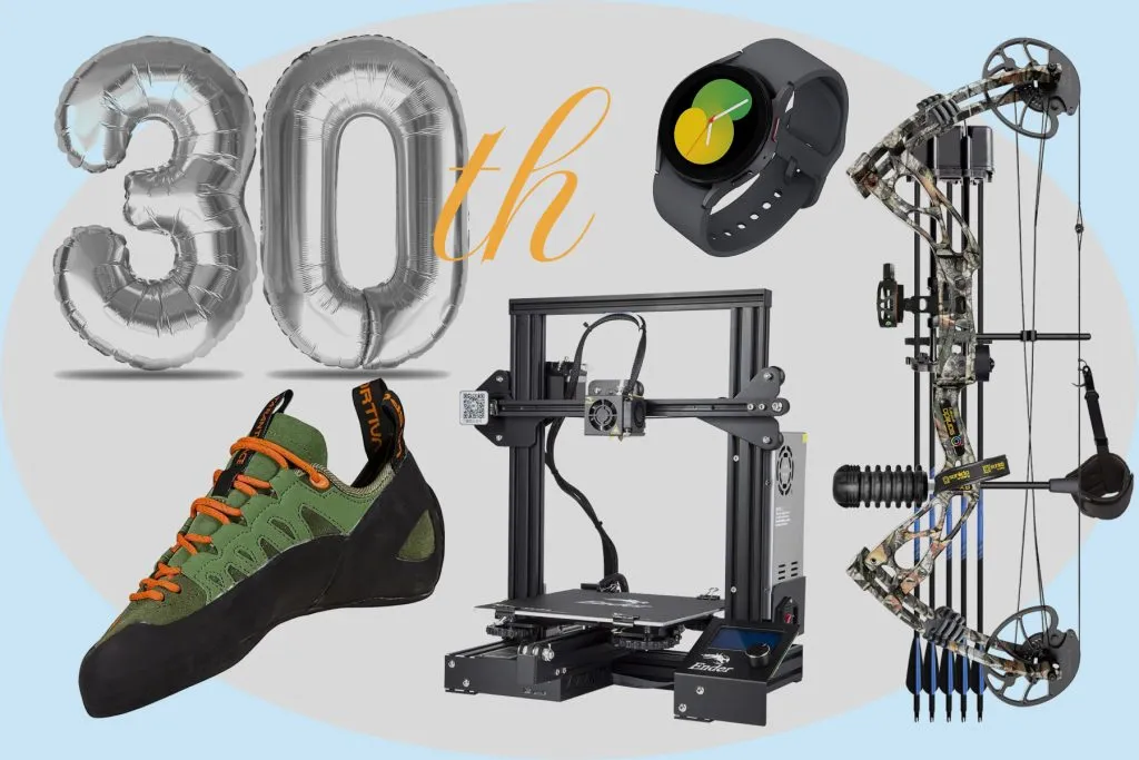 collection of products for him, bow,3d printer,climbing shoes,and smart watch